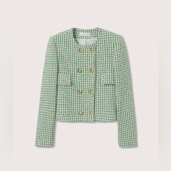 Mango Double-Breasted Round Neck Tweed Jacket Green Multi Size M - Picture 1 of 5